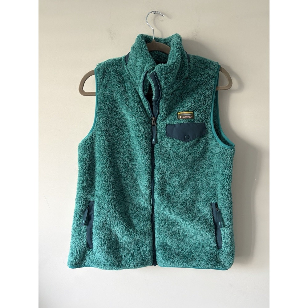 LL Bean Womens Sherpa Fleece Full Zip Vest Size Small Petite  Teal Green Fuzzy